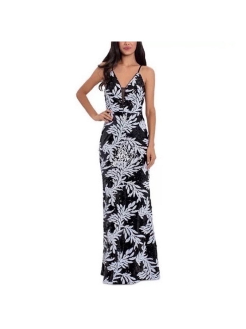 Betsy & Adam Black and White Sequin Gown Size 8